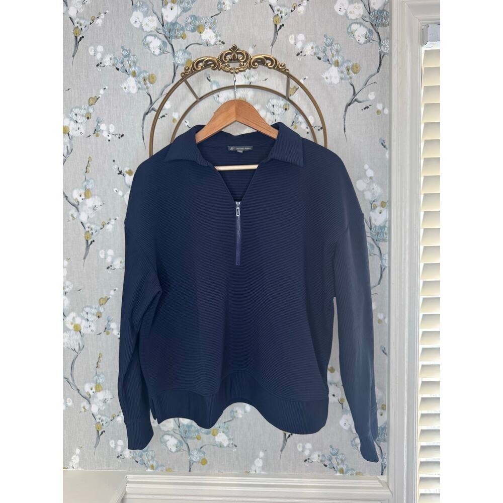 Adrianna Papell Womens Navy Blue Ribbed Quarter Zip Pullover Sweater L